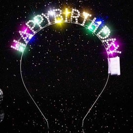 Zoestar Light Up Happy Birthday Headband Glow Rhinestone Birthday Party Hair Accessories Women (Silver, One Size)