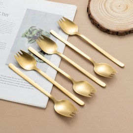 Zerophile 7.4-Inch Long Handle Salad Servers, 6-Pack Gold Sporks & Salad Forks, Stainless Steel Utensils for Tossed Salads, Fruit, Dessert