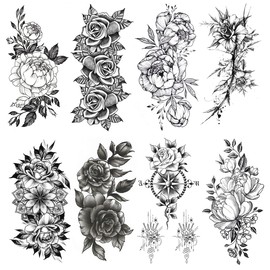 Waterproof Petal 3D Flower Tattoo Stickers - 8 Sheets of Rose Sketch Design in Black and White for Arm, Leg, and Shoulder Temporary Body Art.