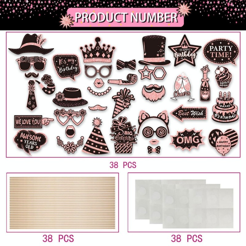38 Pcs Birthday Photo Booth Props Kit-Pink
