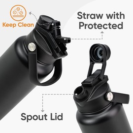 KEWIXY 32 oz Insulated Water Bottle, 2-in-1 Lid, Straw & Spout with Protected, Leak Proof, Keep Cold, Stainless Steel, Metal, Reusable, Handle, for Outdoor, Gym and School, 2 Lids, Midnight Black