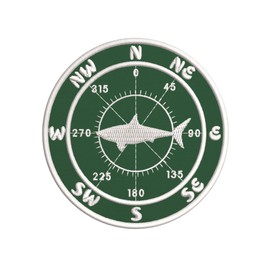 Compass w/Shark Embroidered Premium Patch Iron-On or Sew-On Embroidery Applique - Color: Green - Nautical Sea Ocean Creatures Beach - Fun Novelty Badge Biker Emblem - Vacation Tourist Souvenir
