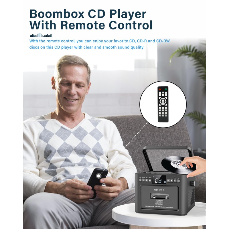 Boombox Cassette CD Player Bluetooth5.1 with 5000mAh Battery,5W Dual Stereo