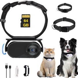 GHWMYD Cat Camera Collar, 64GB Dog Collar, 360° Rotating 1080P HD for Pet Supplies, Video Camera for Cats Dogs Gift - Black