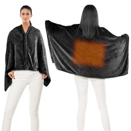 TeqHome Wearable Heated Throw Blanket, Portable Flannel Electric Heated Wrap Poncho Shawl with Pockets & Zipper, 3 Heating Levels, 59x31in, Grey