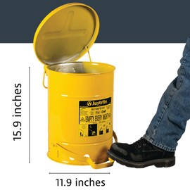 Justrite 6 Gallon Galvanized Steel Oily Waste Can, 16" x 12" Metal Oil Rag Safety Can With Foot Operated Self-Closing Lid for Oil Rag Disposal, Made in the USA, Yellow, 09101