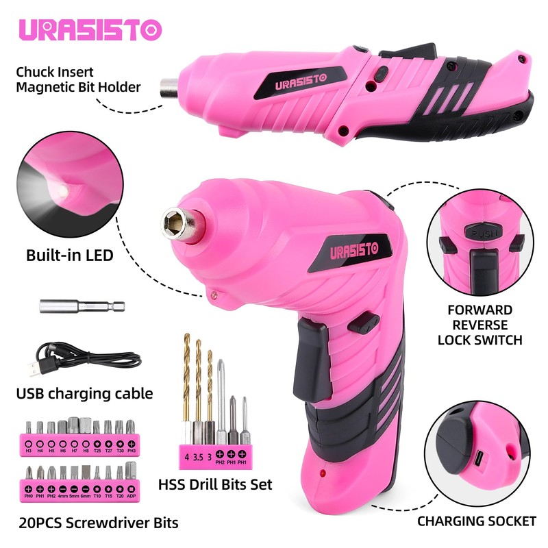 URASISTO 123 Piece Pink Household Tool Set with 3.6V USB