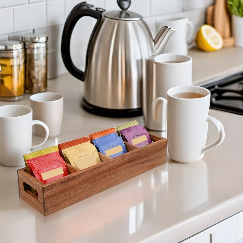 Chicvilla Acacia Wood Tea Bag Organizer with 4 Slots –