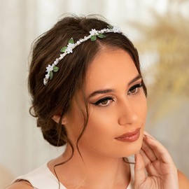 Formery Flower Leaf Headband Gold Pearls Rhinestone Hairband Wedding Prom Party Handmade Crystal Floral Headpiece for Women and Girls