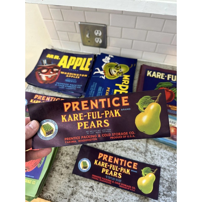 Vintage Prentice Pear Fruit Crate Label 1950S YAKIMA Washington KARE-FUL-PAK