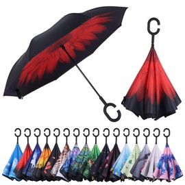 Wxjiahetai Inverted Reverse Umbrella with C-shaped Handle Windproof Upside Down Umbrellas for Rain Double Layer Hands Free Umbrella for Women and Men (Red Daisy)