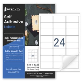 BETCKEY 100 Blätter, 63mm x 33mm, Universal Etiketten Selbstklebend Bedruckbar, Sticker Mattes Papier, Aufkleber A4 Kompatibel mit Inkjet & Laser Drucker, 24 Etikett pro Blatt