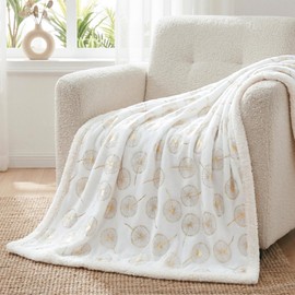 Gold Foil Faux Fur Throw Blanket, Reversible Fluffy Sherpa Fleece Blanket, Elegant Cozy Plush Dandelion Pattern Decorative Blanket for Couch, Sofa, and Bed (White/Gold, Throw (50" x 60"))