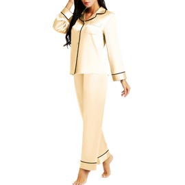 Lonxu Silk Satin Womens Pajama Sets Button Down Sleepwear Loungewear LightYellow 2XL