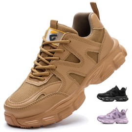 COOU Work Shoes Women's Lightweight Safety Shoes Non-Slip Sporty Steel Cap Shoes Breathable Protective Shoes, c01 brown, 37 EU