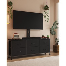 DrawXynth TV Stand with Mount, Fabric Dresser with 6 Drawers for 32/45/55/60/65/75/85 inch TVs, Black Dresser Entertainment Center, Modern Media TV Console Table