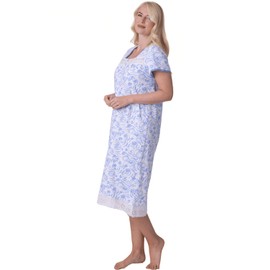 Camille Lightweight 100% Cotton Ladies Nightdress – Short Sleeve Floral Nighties for Women - Lace Accents, Square Neck & Button Fastening Summer Womens Nightwear Aqua 14-16