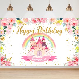 Princess Birthday Party Backdrop Pink Royal Castle Birthday Photography Background Rainbow and Flower Happy Birthday Party Background Banner for Girl Baby Birthday Party Decoration, 6 x 3.6 ft