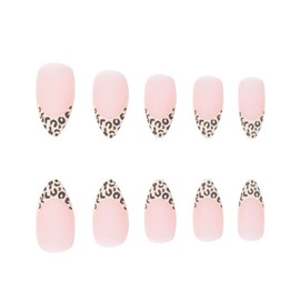 Kamize French Press on Nails Almond Leopard Print Fake Medium Nails Design Acrylic Full Cover Nude False Nails for Women and Girls 24PCS