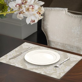 Loom and Mill Luxury Damask Placemats Set of 4, Beige Jacquard Non-Slip Table Place Mats for Home Kitchen Party Banquet HolidayDecor, Durable & Washable Dining Table Mats(Beige, 12x18in)