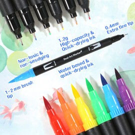 H & B Dual Tip Brush Pen Colored Pen,Fineliners Felt Tip Pen Set 72 Colors Colouring Pens Markers with Coloring Book & Watercolor Book, Art Pen Supplies for Kids Adult Drawing Painting