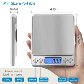 Digital Gram Scale Toprime 500g 0.01g Food Scale High Precision Kitchen Scale Multifunctional Stainless Steel Pocket Scale with Back-Lit LCD Display Tare PCS Features, Silver