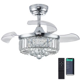 DuMaiWay 30" Chandelier Ceiling Fan with Light Crystal Modern Fandelier Reversible Ceiling Fan Dimmable Retractable Timer for Bedroom Dining Living Room Silver Chrome