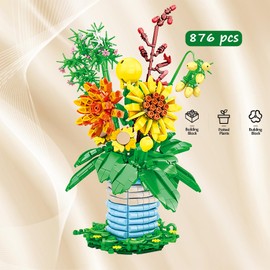 Flowers Bouquet Building Set, 876 PCS Bouquet of Sunflower with Vase, Office Home Artificial Flowers Decor Botanical Collection Building Toys, Gifts for Kids Adults Valentines Day Christmas Day