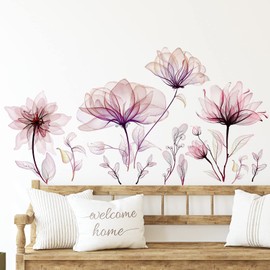 Zonon 6 Pcs Flowers Wall Decals Stickers Vinyl Removable Peel and Stick Colorful Dragonflies Floral Wall Murals Decor for Bedroom Living Room Nursery(Pink Flower)