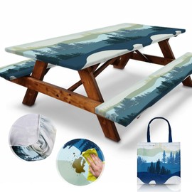 RNOONY 6ft Polyester Picnic Table Cover with Bench Covers Windproof & Waterproof Tablecloth, Perfect for Camping Gifts & RV Essentials, Cool Camping Gadgets, with Carrying Bag, 72x30 Inches, 4Pcs,Blue