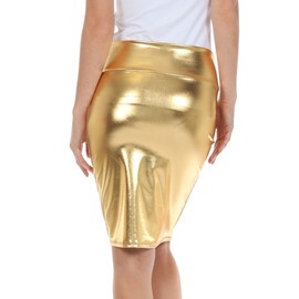 Sakkas 2695 Women's Shiny Metallic Liquid High Waist Pencil Skirt - Gold - X-Large