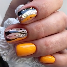 Yellow Press on Nails Short Square Glitter Line Fake Nails with Designs Full Cover Glossy Yellow False Nails Black Spot Acrylic Nails Press Ons Artificial Glue on Nails Sticke on Nails for Women 24PCS