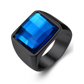 Diamond Cut Created Gemstone Stone Rings For Women, Stainless Steel Blue Sapphire Pinky Signet Rings Size 8