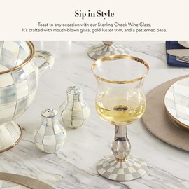 MACKENZIE-CHILDS Stemmed Wine Glass, Decorative Wine Glassware, 16 Ounces, Gray-and-White Sterling Check