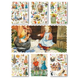 Large Stickers Pack # Country Kids Celebrating Easter HANATABA Vintage Art Deco Styled Wall Laptop Vinyl Stickers Easter