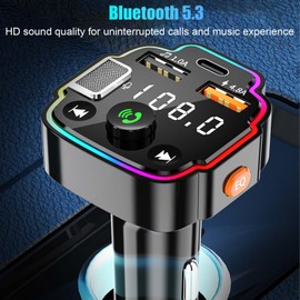 VEESA Bluetooth 5.0 FM Transmitter for Car, Wireless Audio Adapter with QC3.0 Fast Charging, USB/TF Card Playback, Voltage Detection, 7-Color LED Light, SQ Sound Quality for 12V-24V Vehicles, Trucks