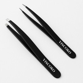 YISCOKO Professional Tweezers for Facial Hair Women,Stainless Steel Eyebrow Tweezers (2 Pcs,Black)
