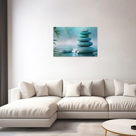 DOARTDO Zen Canvas Wall Art Teal Wall Decor Spa Water Pictures Zen Stone Bathroom Decor White Flowers Prints for Meditation Yoga Spa Artwork Framed (12.00" x 18.00")