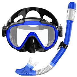 Zipoute Snorkel Snorkel Set, Dry Top Snorkeling Gear for Kids, Panoramic Anti-Leak and Anti-Fog Tempered Glass Lens, Kids Adjustable Snorkeling Set, Diving Swimming Training Snorkel Kit Dark Blue A