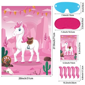 Hxezoc Pin The Tail On The Horse Game With 30 Pcs Tails Large Pink Western Horse Games Poster for Girls Kids Western Birthday Party Carnival Party Supplies