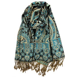 Plum Feathers Metallic Tapestry Ethnic Paisley Pattern Pashmina Scarf Black Turquoise Paisley