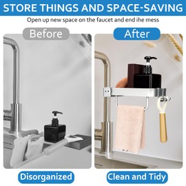 Sponge Holder For Kitchen Sink Caddy Organizer,Aluminium Kitchen Sink Rack Organiser With Hooks,360° Hanging Removable Dish Soap Sponge Caddy For Kitchen（Used for 0.78-1.14IN Round Water Pipes）