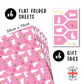 Rabbit Wrapping Paper - 6 Sheets Of Gift Wrap For Girls - Bunny And Flower - Pink Wrapping Paper For Birthday Baby Shower Easter - Comes With Stickers - Recyclable - By Central 23