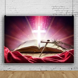 ZARROUEA 7x5ft Jesus Christ Cross Photography Backdrop Glowing Crucifix Opened Bible Book Crucifix Crown of Thorns Jesus Background Church Events Banner Jesus Christ School Background Photo Props