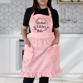 TEEAMORE Custom Ruffle Apron Your Name With Floral Frame Kitchen Cooking Baking Grilling Cleaning Maid Costume Women Apron Pink