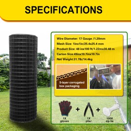 Wirewonders Black Hardware Cloth 1inx48inx100ft, Chicken Wire Fencing, 17Gauge, Vinyl PVC Coated Mesh, Welded Wire mesh, Perfect for Gopher Wire, Rodent Mesh, Tree Guard, Chicken Coop