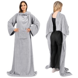 PAVILIA Wearable Blanket with Sleeves for Adults Women Men, Light Grey Fleece Soft Warm Full Body Wrap Throw, Front Pocket, Cozy Robe Blanket with Arm, Gifts for Christmas, Mom Wife