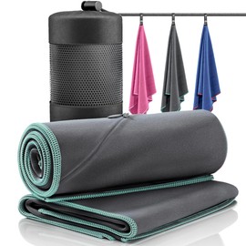 Microfibre Towel Set of 2 + Bag | Antibacterial Quick Dry, Lightweight + Phone Zip Pocket | Large & Small Soft Micro Fibre Towels for Sports Camping Beach Swimming Gym Fitness Travel Outdoor Bath Hair