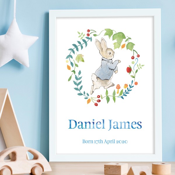 Themed Peter Rabbit Print - Wreath Name and Date Personalised