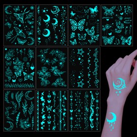Gjinxi Butterfly Tattoos Temporary Glow in The Dark Tattoos for Women Girls 10 Sheets Luminous Flower Butterflies Wings Stars Moon, Waterproof Face Body Arm Stickers Party Decorations Favors
